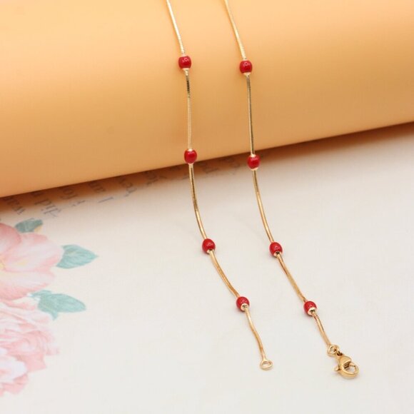 "Delicate Yellow Gold Plated Necklace with Red Beads, XPNL0302 - Picture 9 of 12